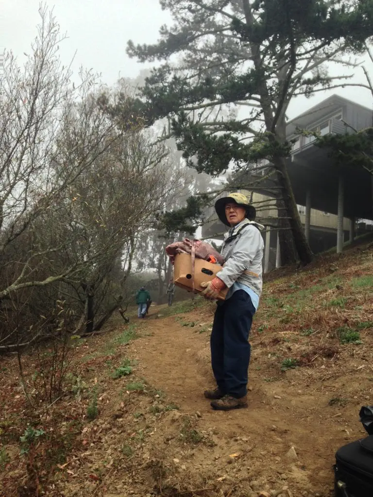Friends of Glen Canyon Park, Steve Uchida holding a carton of homeless possessions while another volunteer, Jim Hanratty, wheels a barrow of debris along a canyon trail leading to the Diamond Heights Turquoise Way steps.