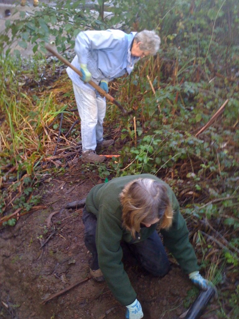 Jean Conner (standing) and Kay Westerberg (kneeling) planting California native plants along Islais Creek on December 12, 2012.