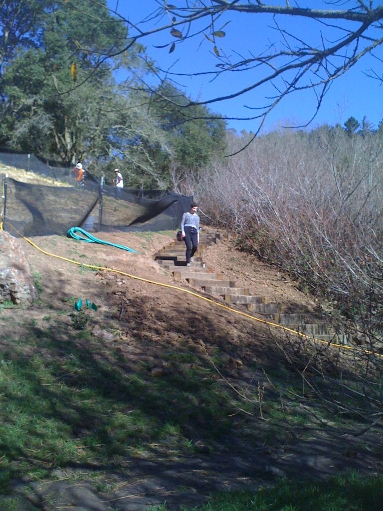 Hiker walking on new Saddle Trail Box steps. January 30, 2013.