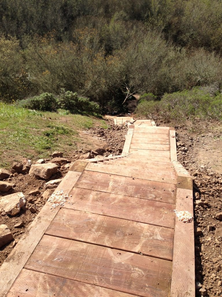 Completed stringer steps and platforms looking down from 120 feet atop the western slope in Glen Canyon. The stringer steps are the last portion of the Saddle Trail Project that began on January 16, 2013. The project is scheduled for completion in the first week of March 2013.
