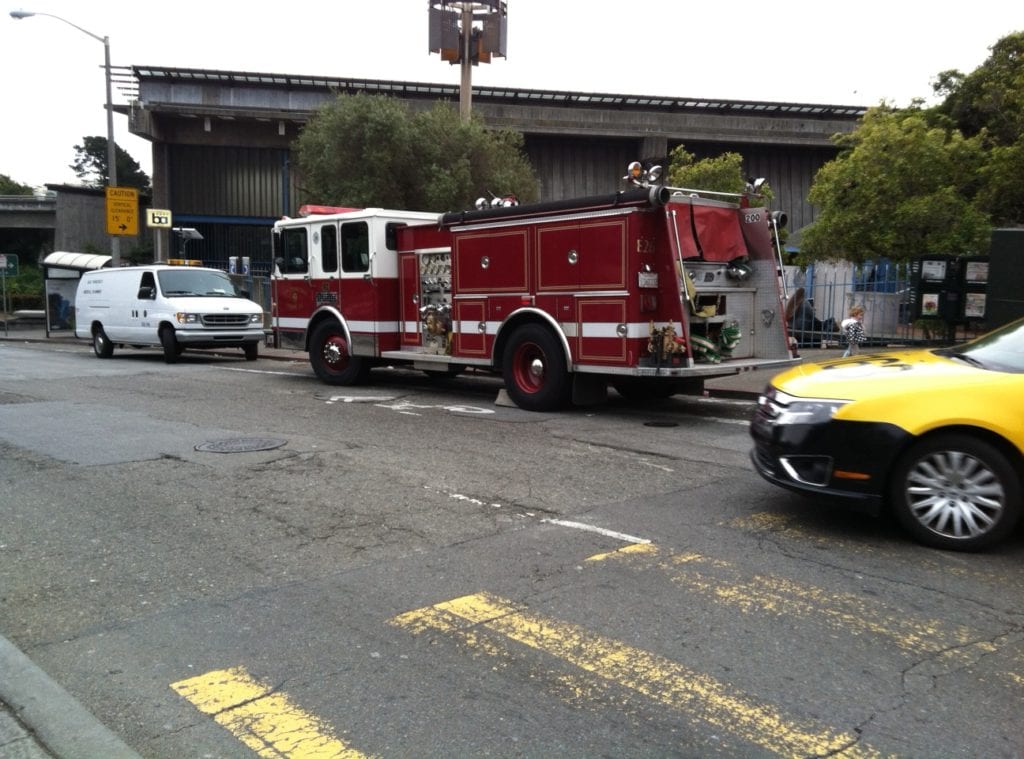 Fire trucks at Glen Park BART. Photo by Carolyn Deacy.