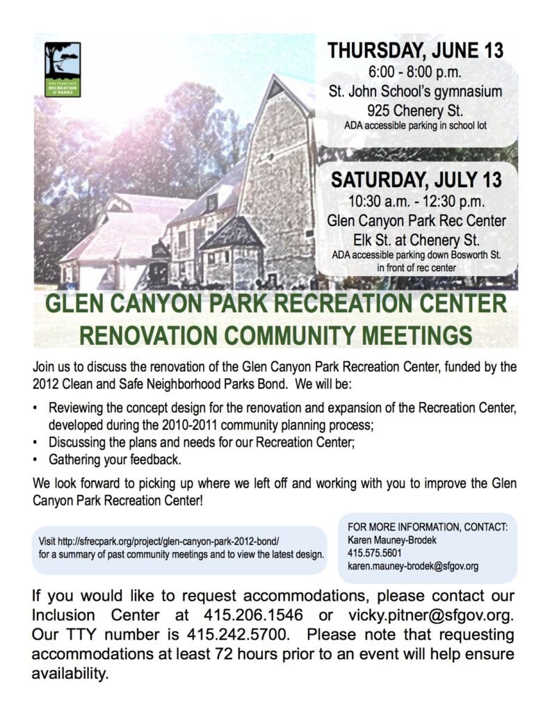 Glen Canyon Rec Center Renovation Community meetings flyer