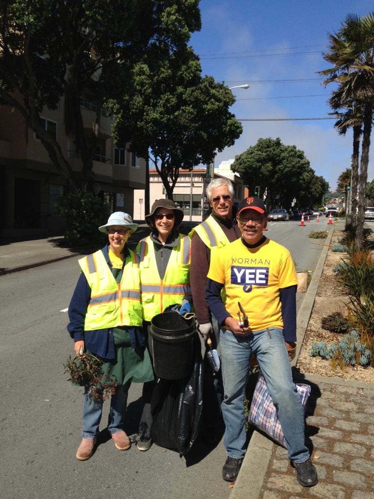 Keren Abra, Ray Kutz, Jennfer Heggie pictured with Supervisor Norman Yee on July 13, 2013. Along with Supervisor Yee, members of the Sunnyside Neighborhood Association Greening Committee worked removing weeds and litter along Monterey Boulevard street medians.