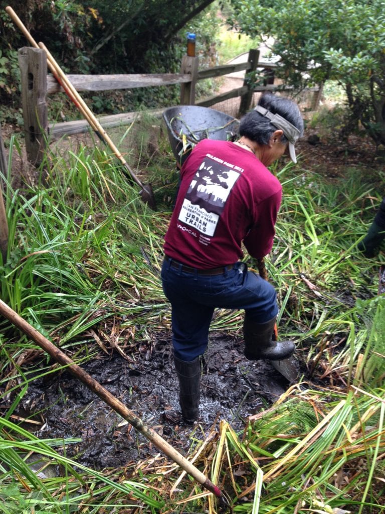 Steve Uchida shoveling bulrush and mud in his effort to unclog Islais Creek.