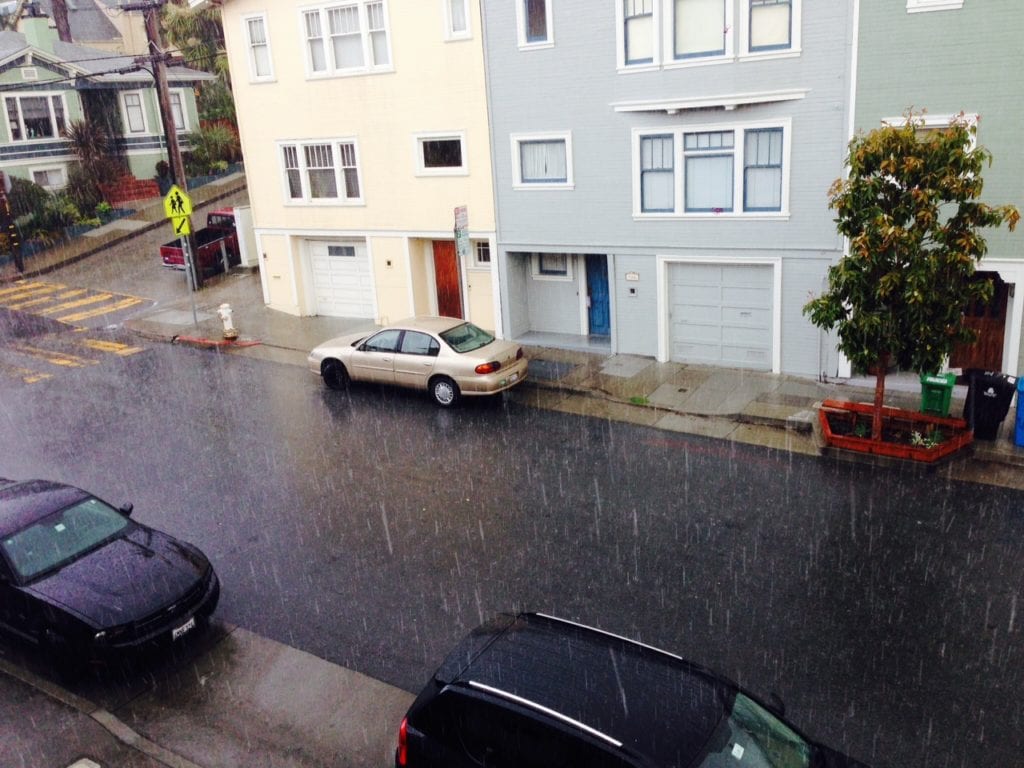 Heavy rains falls on Chenery Street in Glen Park. April 1, 2014.