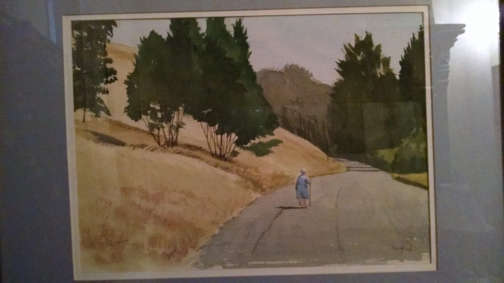 Amelia Leake walking in Glen Canyon, 1978. Watercolor by William Alan Youngblood