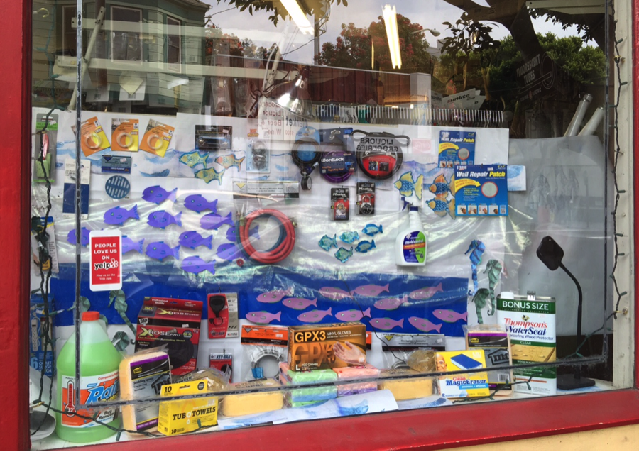 The window display at Glen Park Hardware. August 2015.