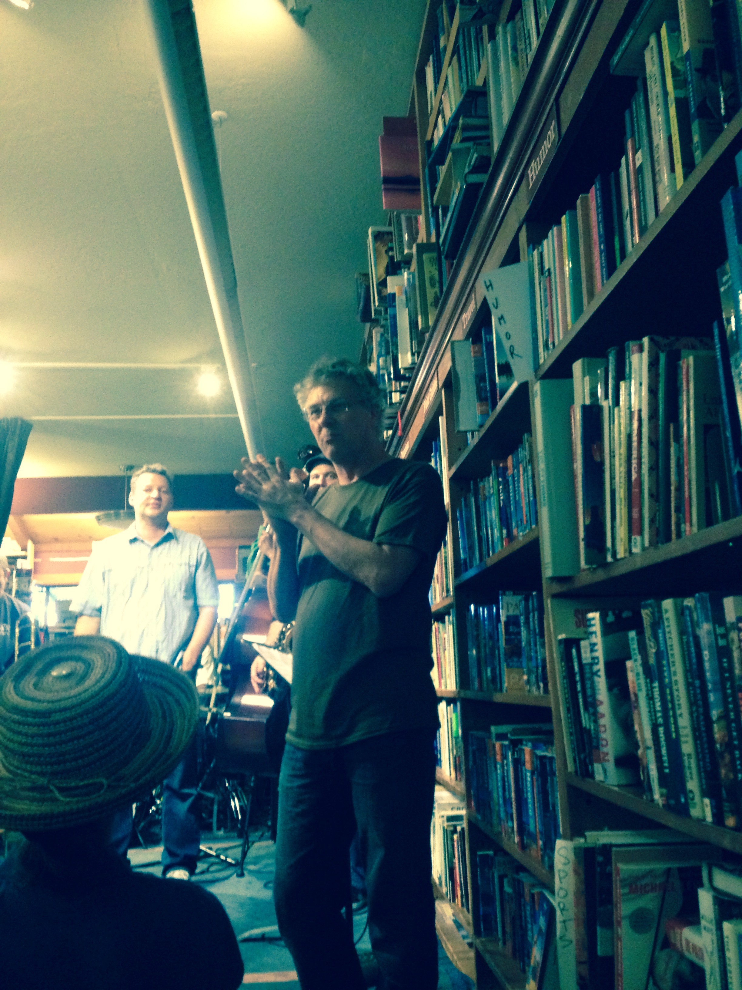 With Joel Ryan behind him, bookseller Eric Whittington introducing Jimmy Ryan's Bird & Beckett Bebop Band.