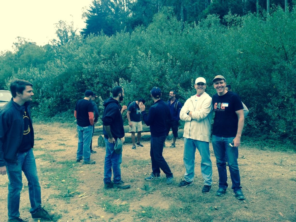 Gay For Good volunteers Tony Inojosa and Paul Huber relaxing after three hours of working in Glen Canyon. 