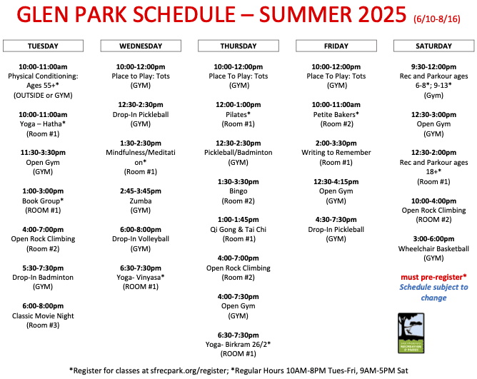 Glen Park Rec Center Schedule