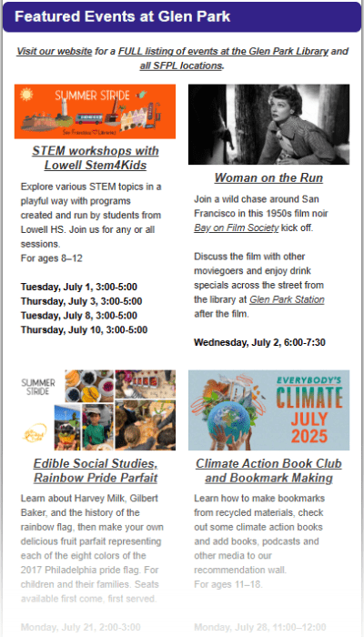 Top part of monthly newsletter as example of events.