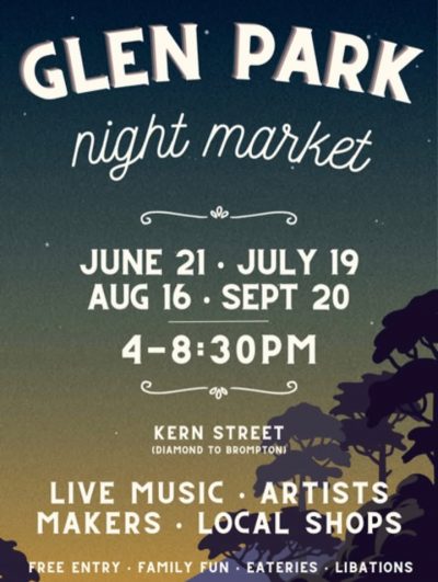 Saturday June 21st at 4PM!  Glen Park’s first Night Market! 
It’s happening on Kern Street, between Diamond and Brompton Street.
Let’s Celebrate Summer and Glen Park!

Glen Park Night Market  is made possible by @glenparkassociation @civic_joy_fund and @artwalksf_